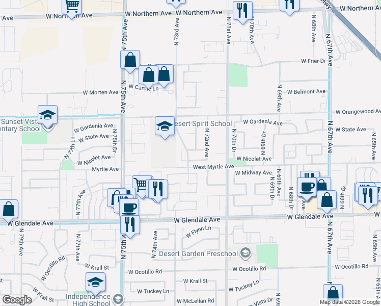 map of restaurants, bars, coffee shops, grocery stores, and more near 7262 West Northview Avenue in Glendale