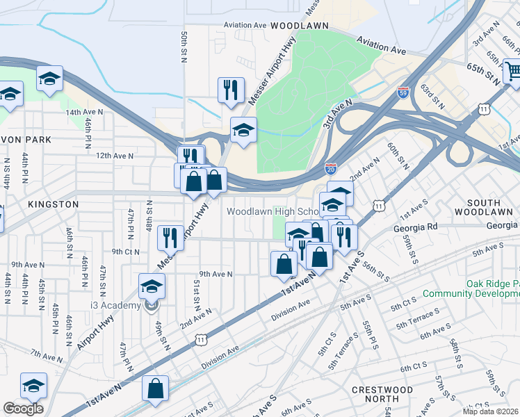 map of restaurants, bars, coffee shops, grocery stores, and more near 5237 Richard Arrington Junior Boulevard North in Birmingham