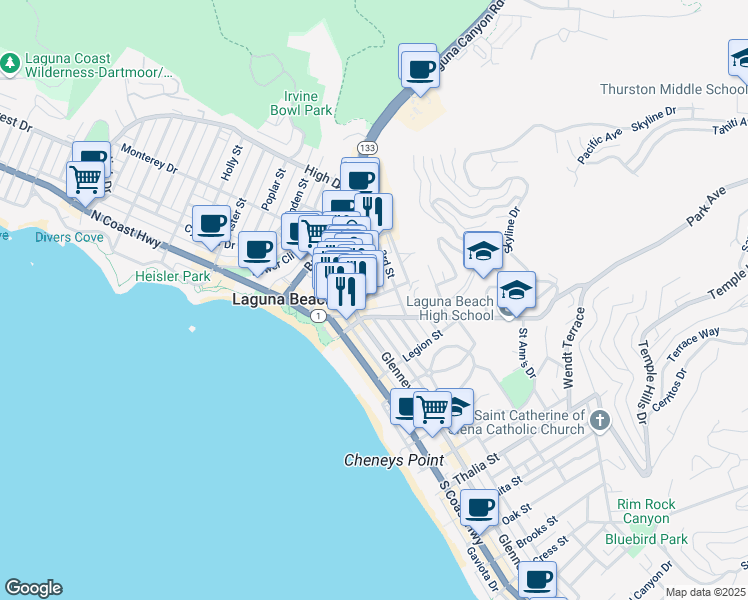 map of restaurants, bars, coffee shops, grocery stores, and more near 385 Mermaid Street in Laguna Beach