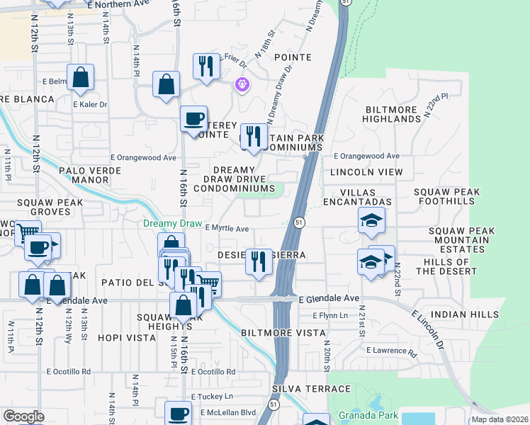 map of restaurants, bars, coffee shops, grocery stores, and more near 7227 North 18th Place in Phoenix