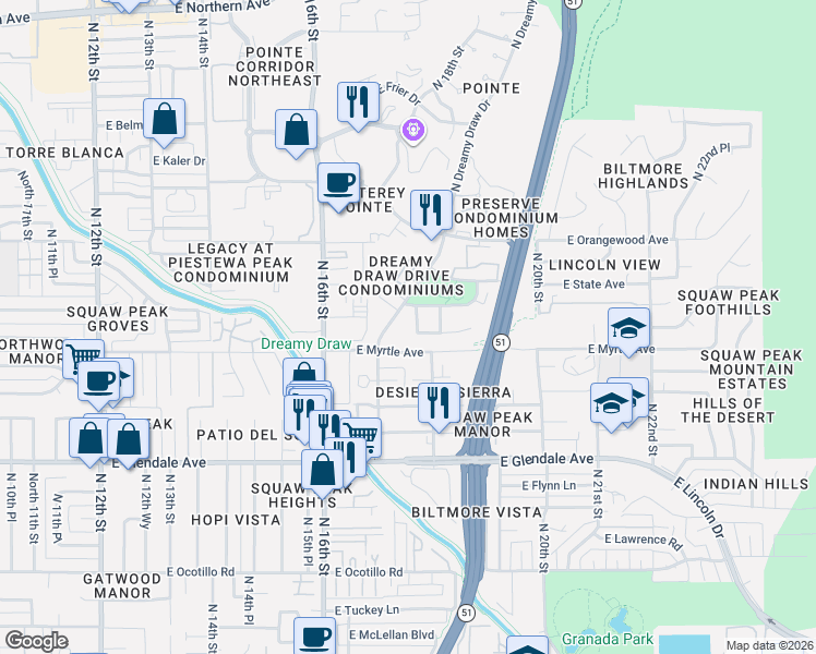 map of restaurants, bars, coffee shops, grocery stores, and more near 7222 North 18th Street in Phoenix
