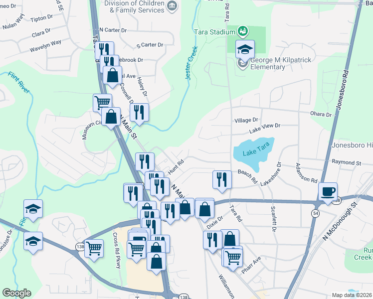 map of restaurants, bars, coffee shops, grocery stores, and more near 888 Madison Court in Jonesboro
