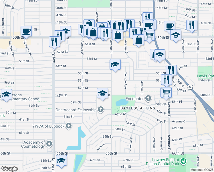 map of restaurants, bars, coffee shops, grocery stores, and more near 2101 56th Street in Lubbock