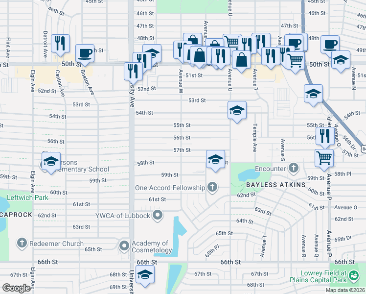map of restaurants, bars, coffee shops, grocery stores, and more near 2303 56th Street in Lubbock