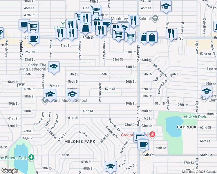 map of restaurants, bars, coffee shops, grocery stores, and more near 3433 56th St in Lubbock