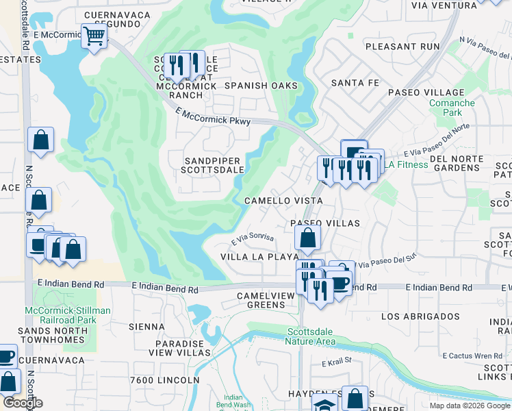 map of restaurants, bars, coffee shops, grocery stores, and more near 7228 North Vía Camello Del Norte in Scottsdale