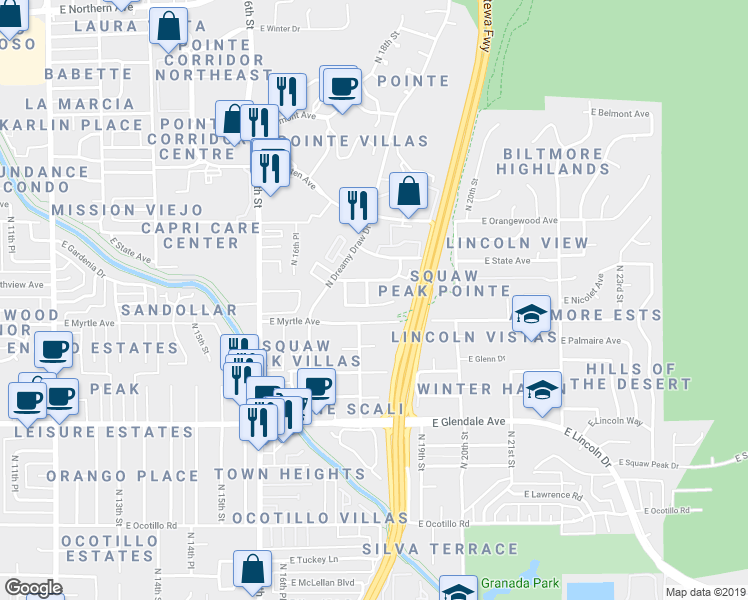 map of restaurants, bars, coffee shops, grocery stores, and more near 7227 North 18th Place in Phoenix