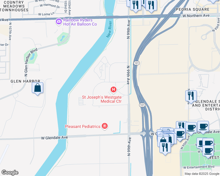 map of restaurants, bars, coffee shops, grocery stores, and more near West Desert River Boulevard in Glendale