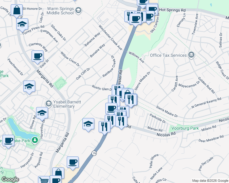 map of restaurants, bars, coffee shops, grocery stores, and more near 39436 Canyon Rim Circle in Temecula