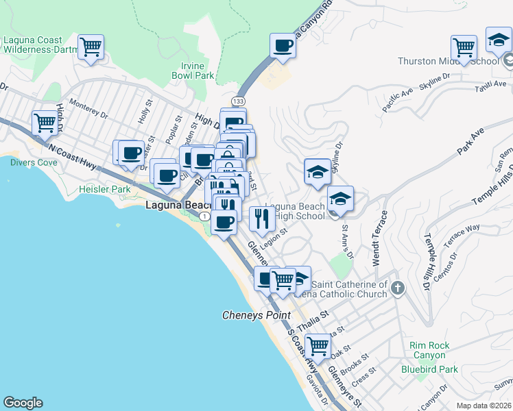 map of restaurants, bars, coffee shops, grocery stores, and more near 421 Loma Terrace in Laguna Beach
