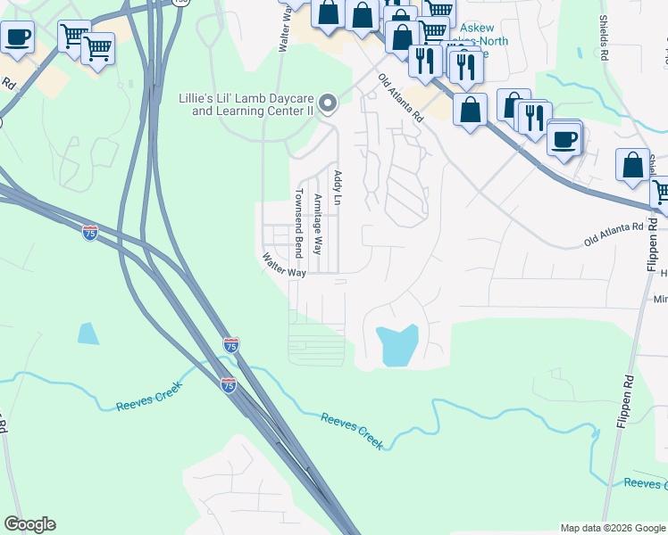 map of restaurants, bars, coffee shops, grocery stores, and more near 232 Addy Lane in Stockbridge