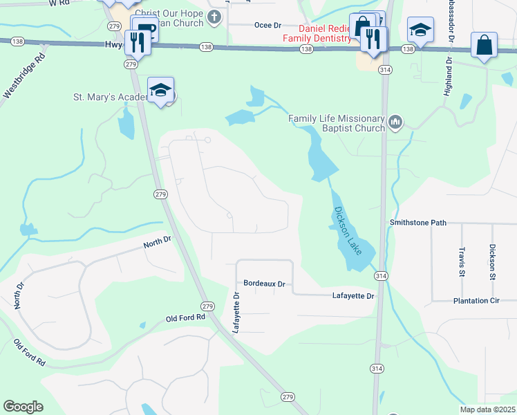 map of restaurants, bars, coffee shops, grocery stores, and more near 440 Dix Lee On Drive in Fayetteville