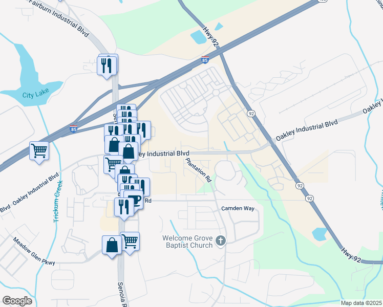 map of restaurants, bars, coffee shops, grocery stores, and more near 6810 Oakley Industrial Boulevard in Fairburn