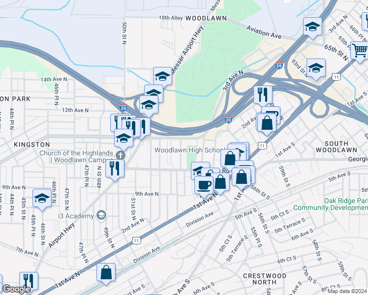 map of restaurants, bars, coffee shops, grocery stores, and more near 5319 Richard Arrington Junior Boulevard North in Birmingham