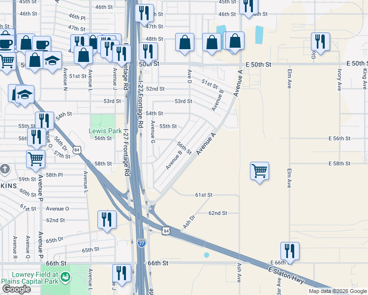 map of restaurants, bars, coffee shops, grocery stores, and more near 300 56th Street in Lubbock