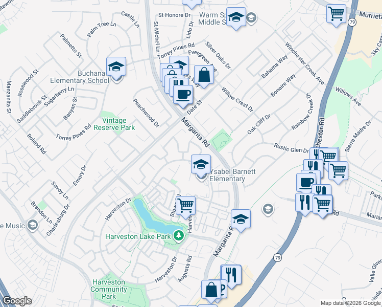 map of restaurants, bars, coffee shops, grocery stores, and more near 39794 Cambridge Place in Temecula