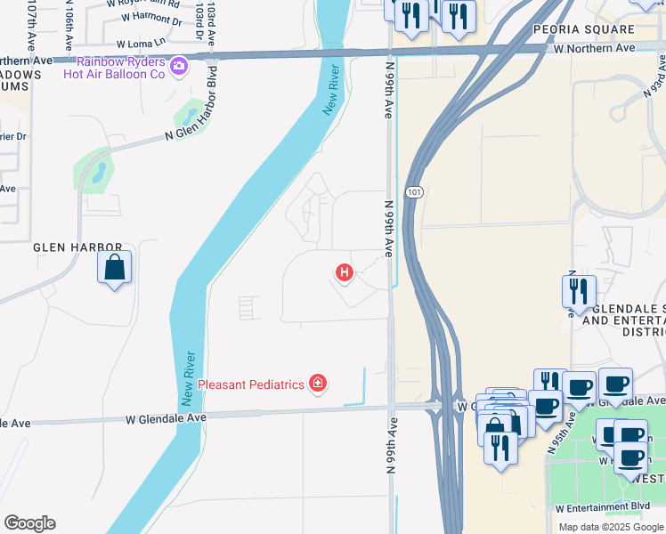 map of restaurants, bars, coffee shops, grocery stores, and more near 7330 North 99th Avenue in Glendale