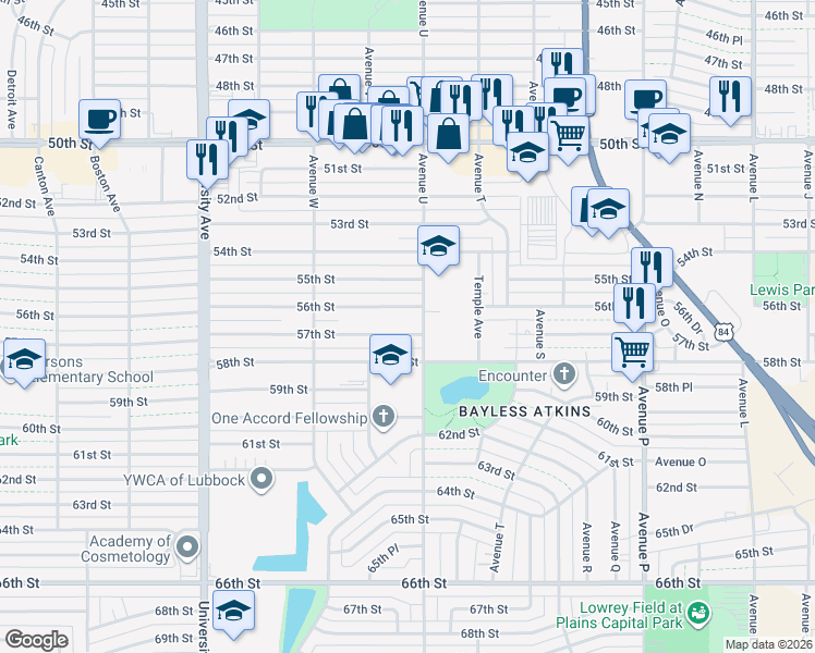 map of restaurants, bars, coffee shops, grocery stores, and more near 2101 56th Street in Lubbock