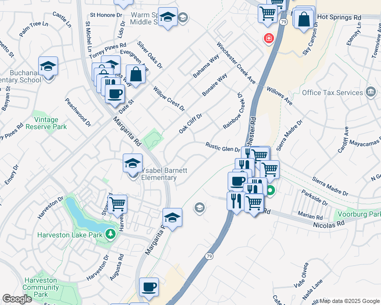map of restaurants, bars, coffee shops, grocery stores, and more near 39731 Creative Drive in Temecula