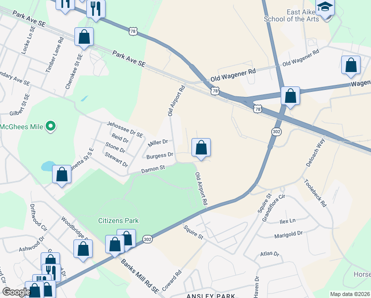 map of restaurants, bars, coffee shops, grocery stores, and more near 406 Old Airport Road in Aiken
