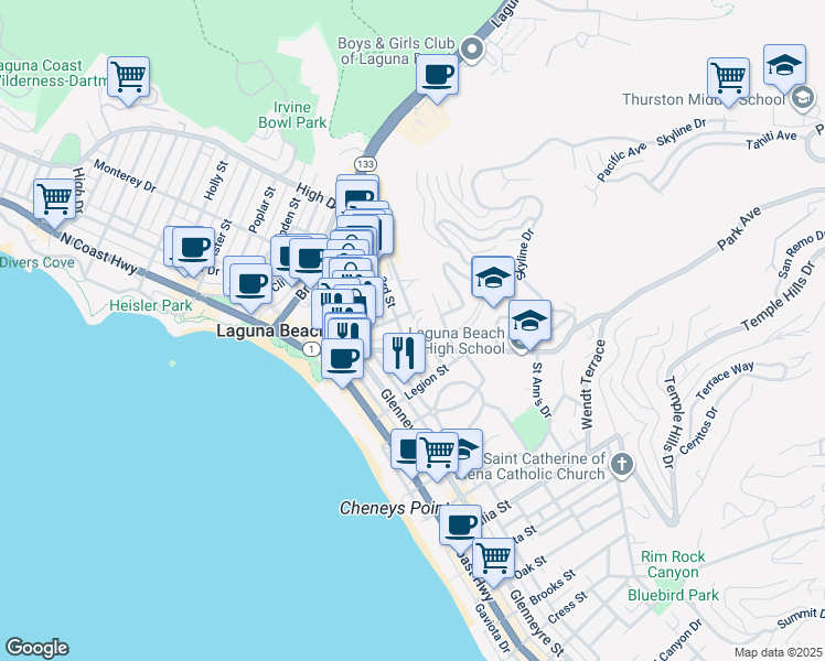 map of restaurants, bars, coffee shops, grocery stores, and more near 445 Bent Street in Laguna Beach