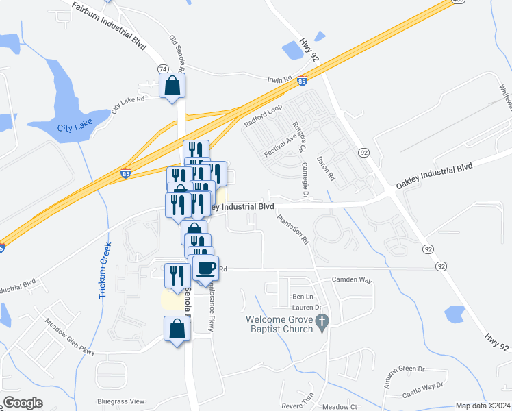 map of restaurants, bars, coffee shops, grocery stores, and more near 6810 Oakley Industrial Boulevard in Fairburn