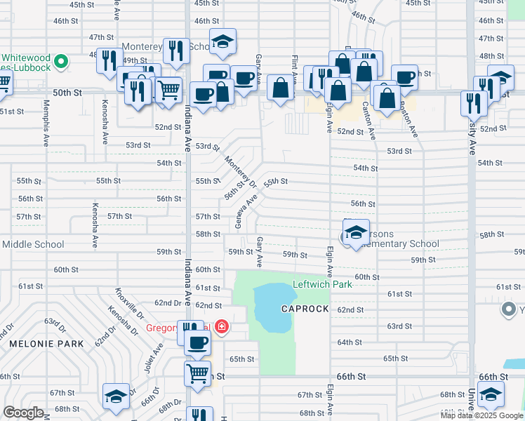 map of restaurants, bars, coffee shops, grocery stores, and more near 3027 56th Street in Lubbock