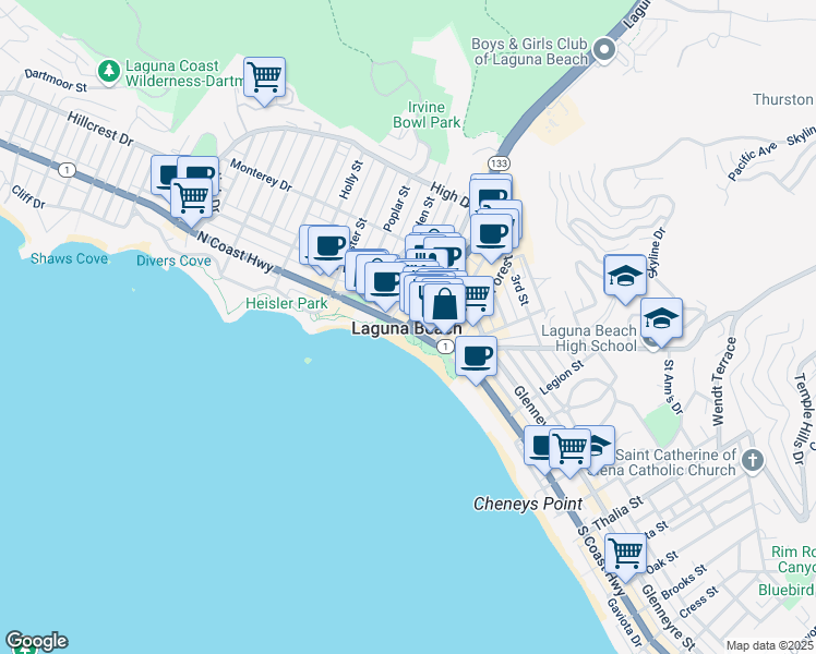 map of restaurants, bars, coffee shops, grocery stores, and more near 202 Park Avenue in Laguna Beach