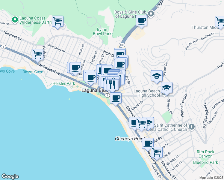 map of restaurants, bars, coffee shops, grocery stores, and more near 260 Forest Avenue in Laguna Beach