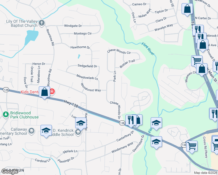 map of restaurants, bars, coffee shops, grocery stores, and more near 7760 Chase Woods Drive in Jonesboro
