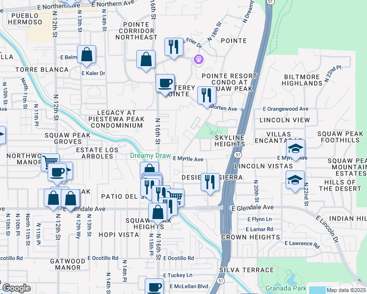 map of restaurants, bars, coffee shops, grocery stores, and more near 7230 North Dreamy Draw Drive in Phoenix