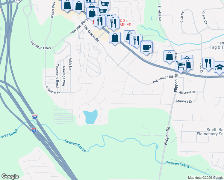 map of restaurants, bars, coffee shops, grocery stores, and more near 940 Sideline Court in Stockbridge