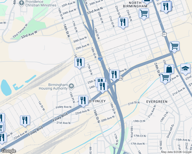 map of restaurants, bars, coffee shops, grocery stores, and more near 2500 18th Street North in Birmingham