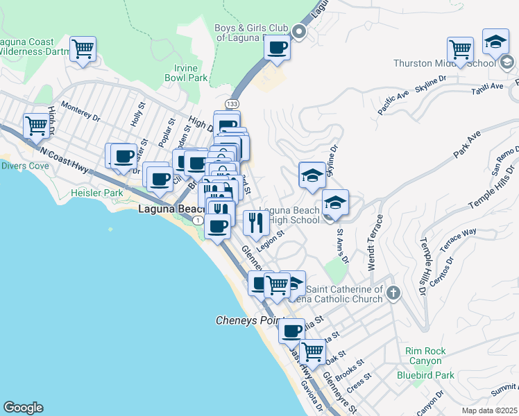 map of restaurants, bars, coffee shops, grocery stores, and more near 421 Loma Terrace in Laguna Beach