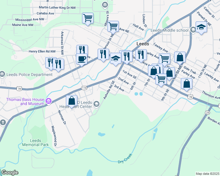 map of restaurants, bars, coffee shops, grocery stores, and more near 449 Ashville Road Southeast in Leeds