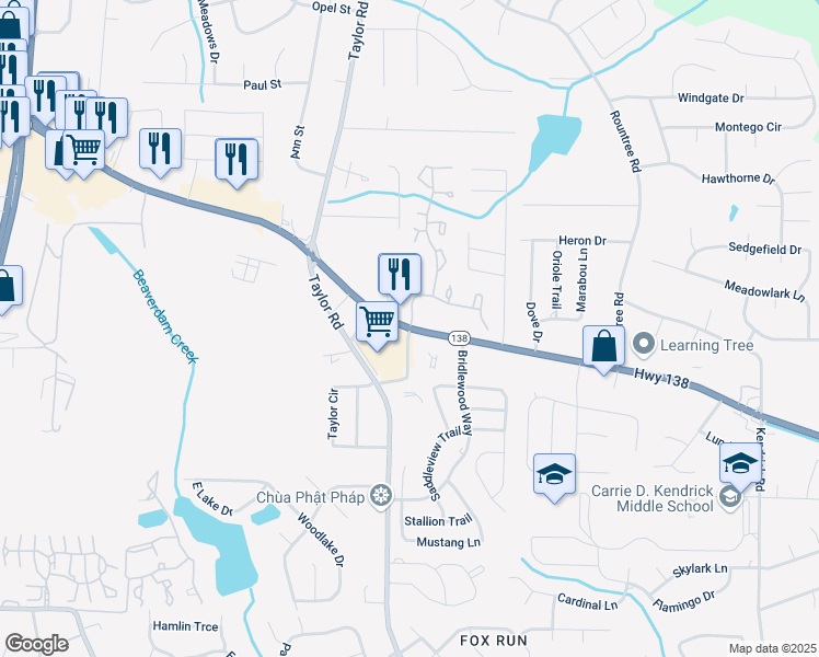 map of restaurants, bars, coffee shops, grocery stores, and more near 326 Highway 138 Southwest in Riverdale