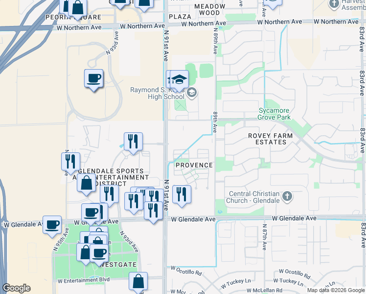 map of restaurants, bars, coffee shops, grocery stores, and more near 9014 West State Avenue in Glendale