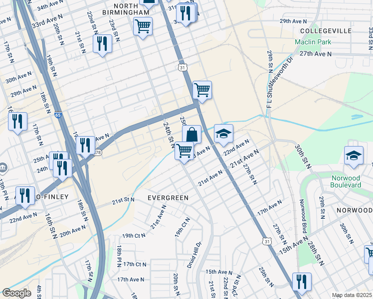map of restaurants, bars, coffee shops, grocery stores, and more near 2312 25th Street North in Birmingham