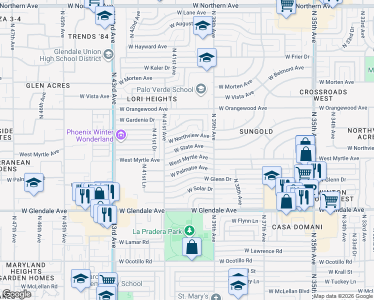 map of restaurants, bars, coffee shops, grocery stores, and more near 3935 West State Avenue in Phoenix