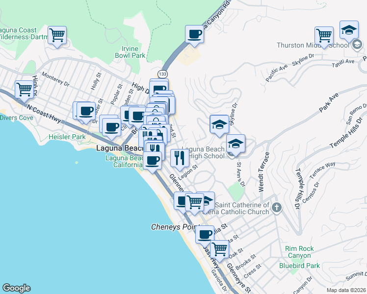 map of restaurants, bars, coffee shops, grocery stores, and more near 421 Loma Terrace in Laguna Beach