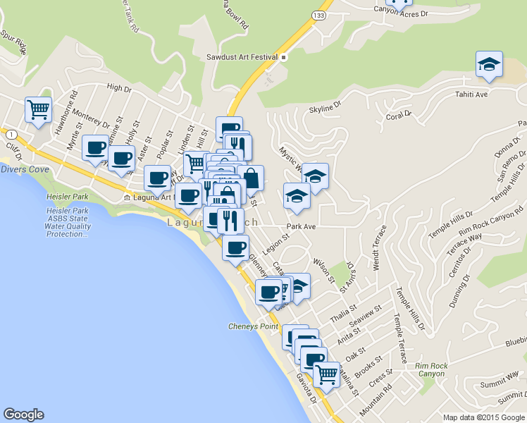 map of restaurants, bars, coffee shops, grocery stores, and more near 421 Loma Terrace in Laguna Beach