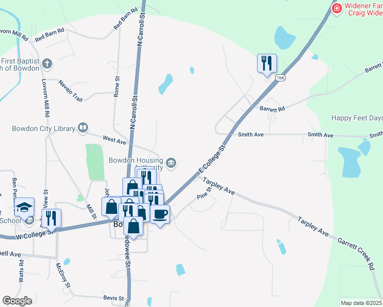 map of restaurants, bars, coffee shops, grocery stores, and more near 407 East College Street in Bowdon