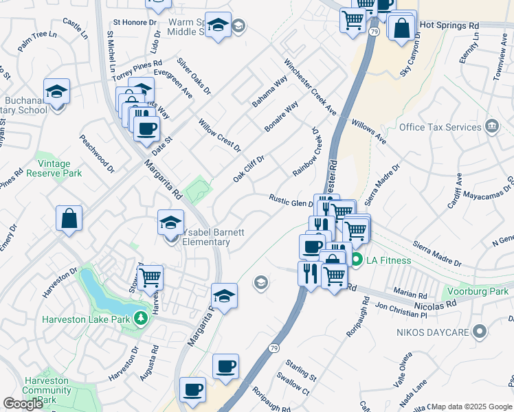 map of restaurants, bars, coffee shops, grocery stores, and more near 39705 Creative Drive in Temecula