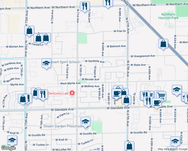 map of restaurants, bars, coffee shops, grocery stores, and more near 6927 West Northview Avenue in Glendale