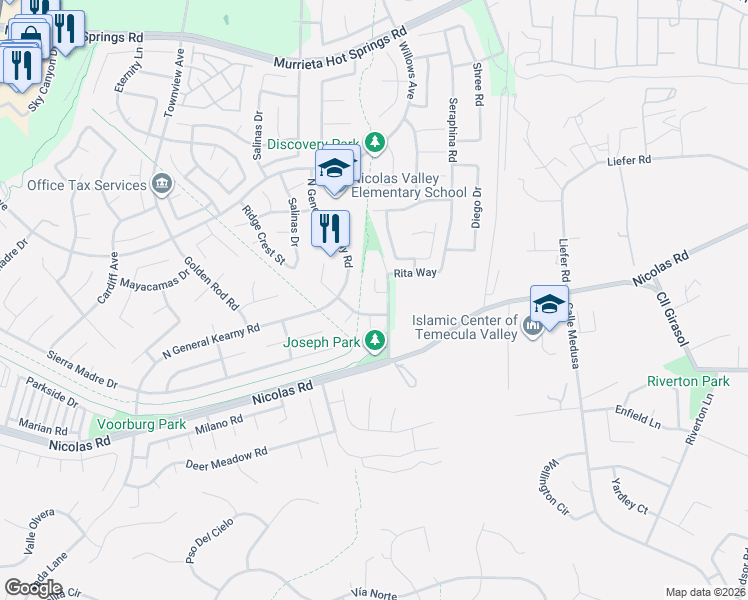 map of restaurants, bars, coffee shops, grocery stores, and more near 39823 Payton Court in Murrieta