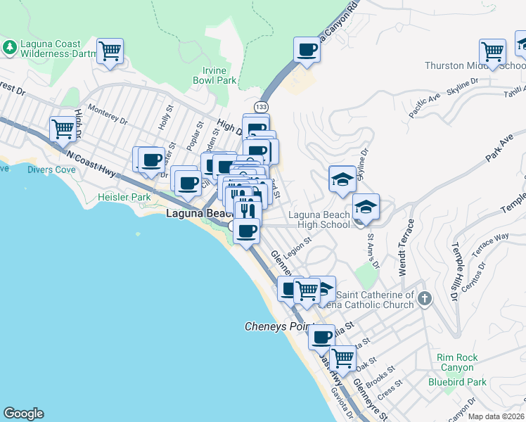 map of restaurants, bars, coffee shops, grocery stores, and more near 395 2nd Street in Laguna Beach