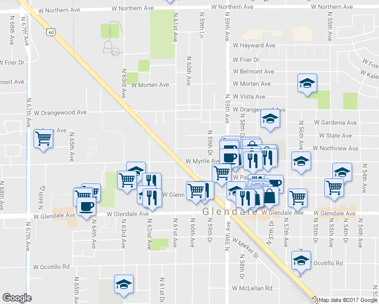 map of restaurants, bars, coffee shops, grocery stores, and more near 6011 West Northview Avenue in Glendale