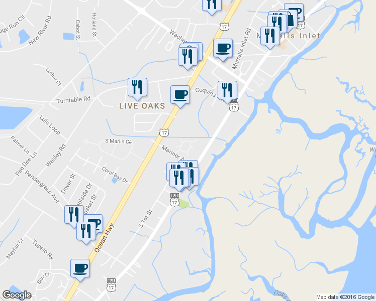 map of restaurants, bars, coffee shops, grocery stores, and more near 4078 Moss Creek in Murrells Inlet