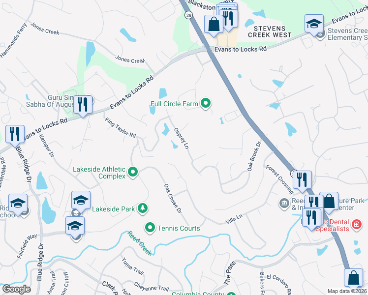 map of restaurants, bars, coffee shops, grocery stores, and more near 793 Osprey Lane in Martinez