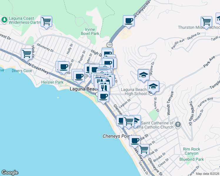 map of restaurants, bars, coffee shops, grocery stores, and more near 395 2nd Street in Laguna Beach